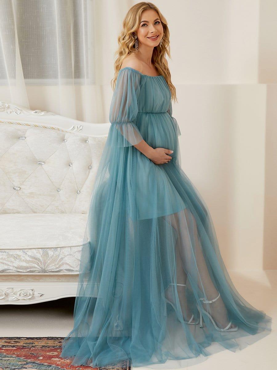 Off the Shoulder Pleated Tulle Maxi Maternity Wedding Guest Dress - Image 21