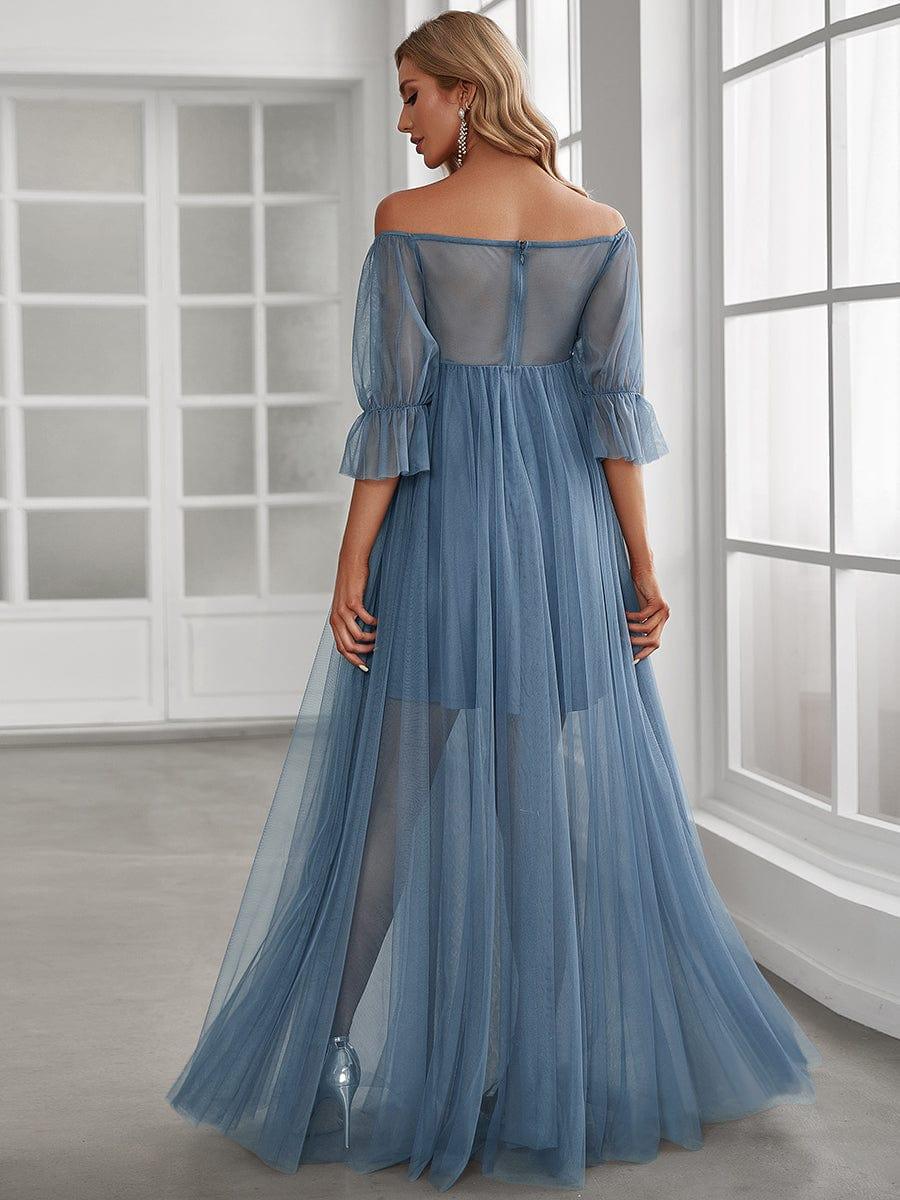Off the Shoulder Pleated Tulle Maxi Maternity Wedding Guest Dress - Image 24