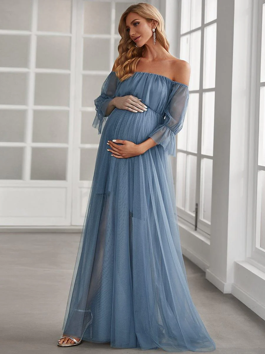 Off the Shoulder Pleated Tulle Maxi Maternity Wedding Guest Dress - Image 27