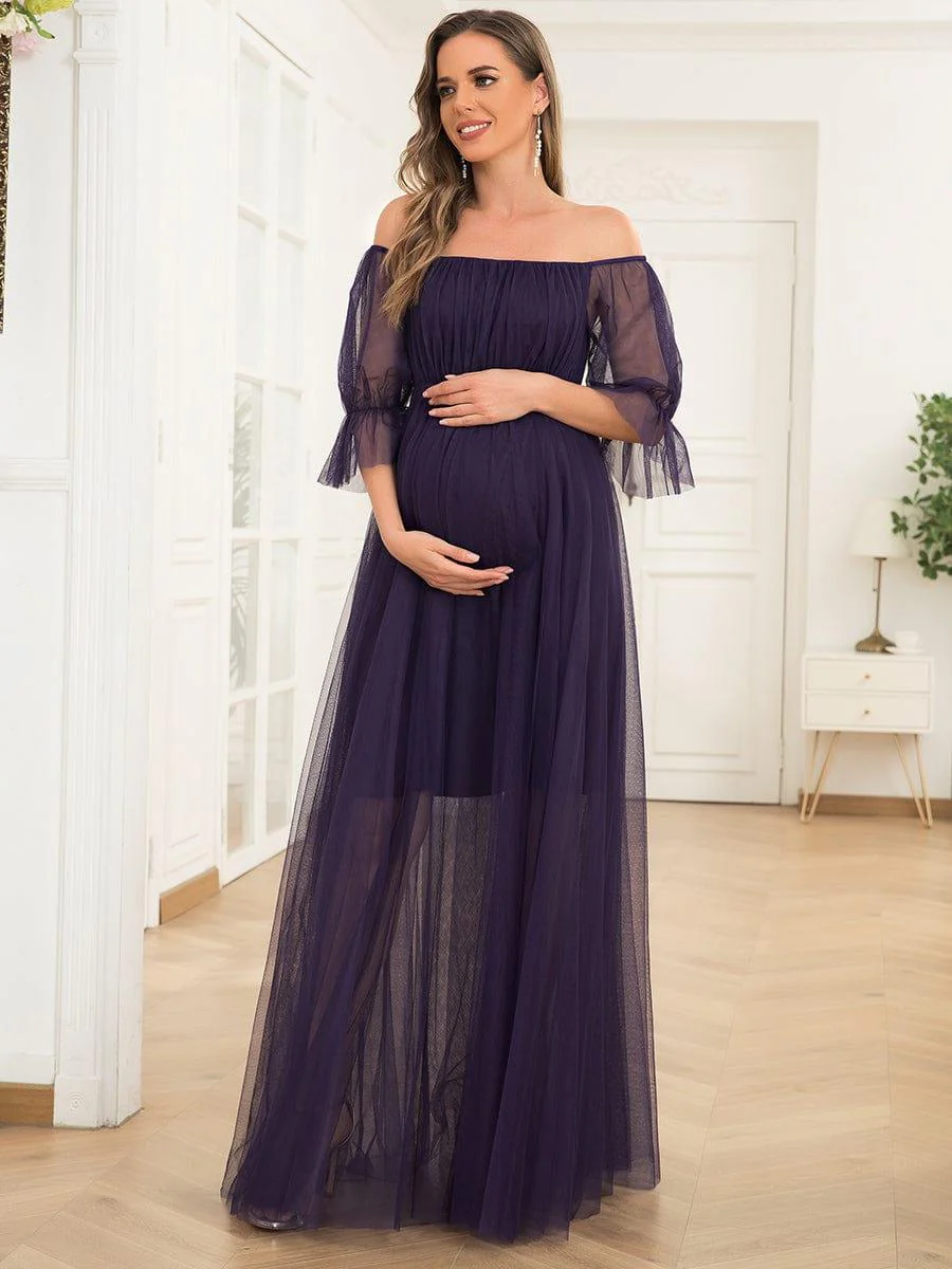 Off the Shoulder Pleated Tulle Maxi Maternity Wedding Guest Dress - Image 32
