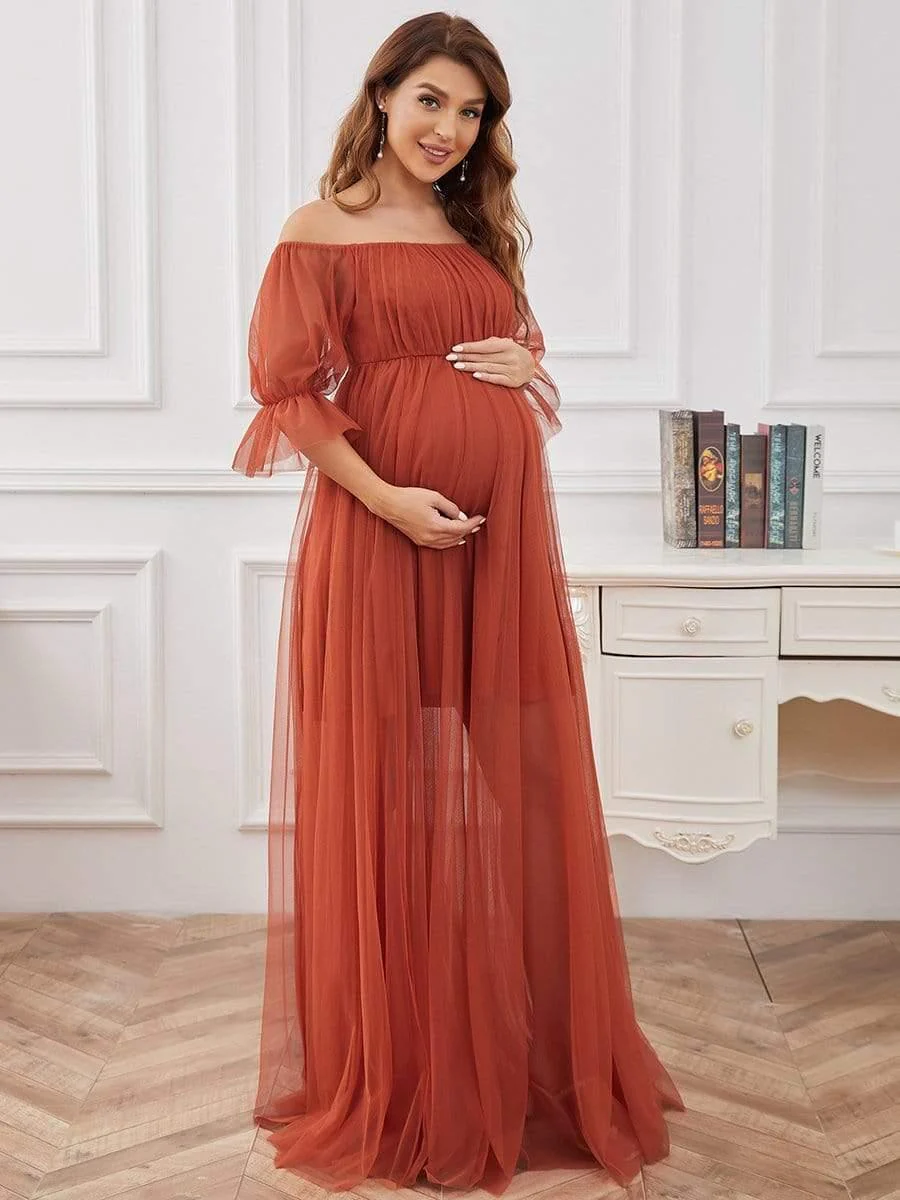 Off the Shoulder Pleated Tulle Maxi Maternity Wedding Guest Dress - Image 7