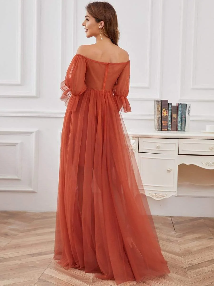 Off the Shoulder Pleated Tulle Maxi Maternity Wedding Guest Dress - Image 8