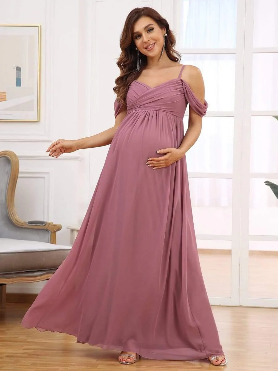 Off The Shoulder Spaghetti Straps Solid Maxi Maternity Dress - Image 10