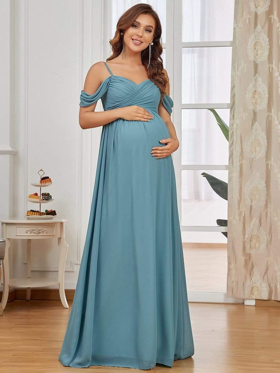 Off The Shoulder Spaghetti Straps Solid Maxi Maternity Dress - Image 11