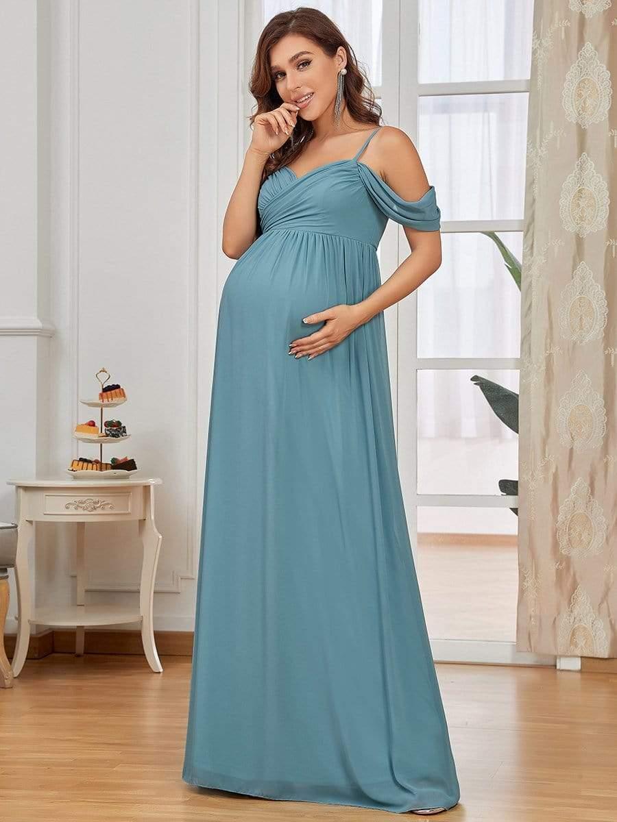 Off The Shoulder Spaghetti Straps Solid Maxi Maternity Dress - Image 13