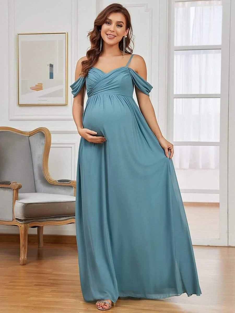 Off The Shoulder Spaghetti Straps Solid Maxi Maternity Dress - Image 14