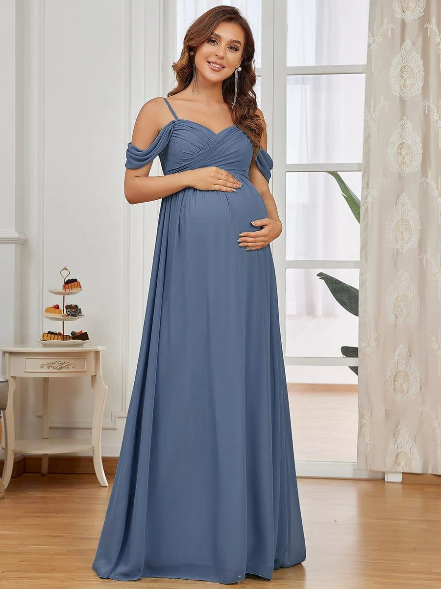 Off The Shoulder Spaghetti Straps Solid Maxi Maternity Dress - Image 16