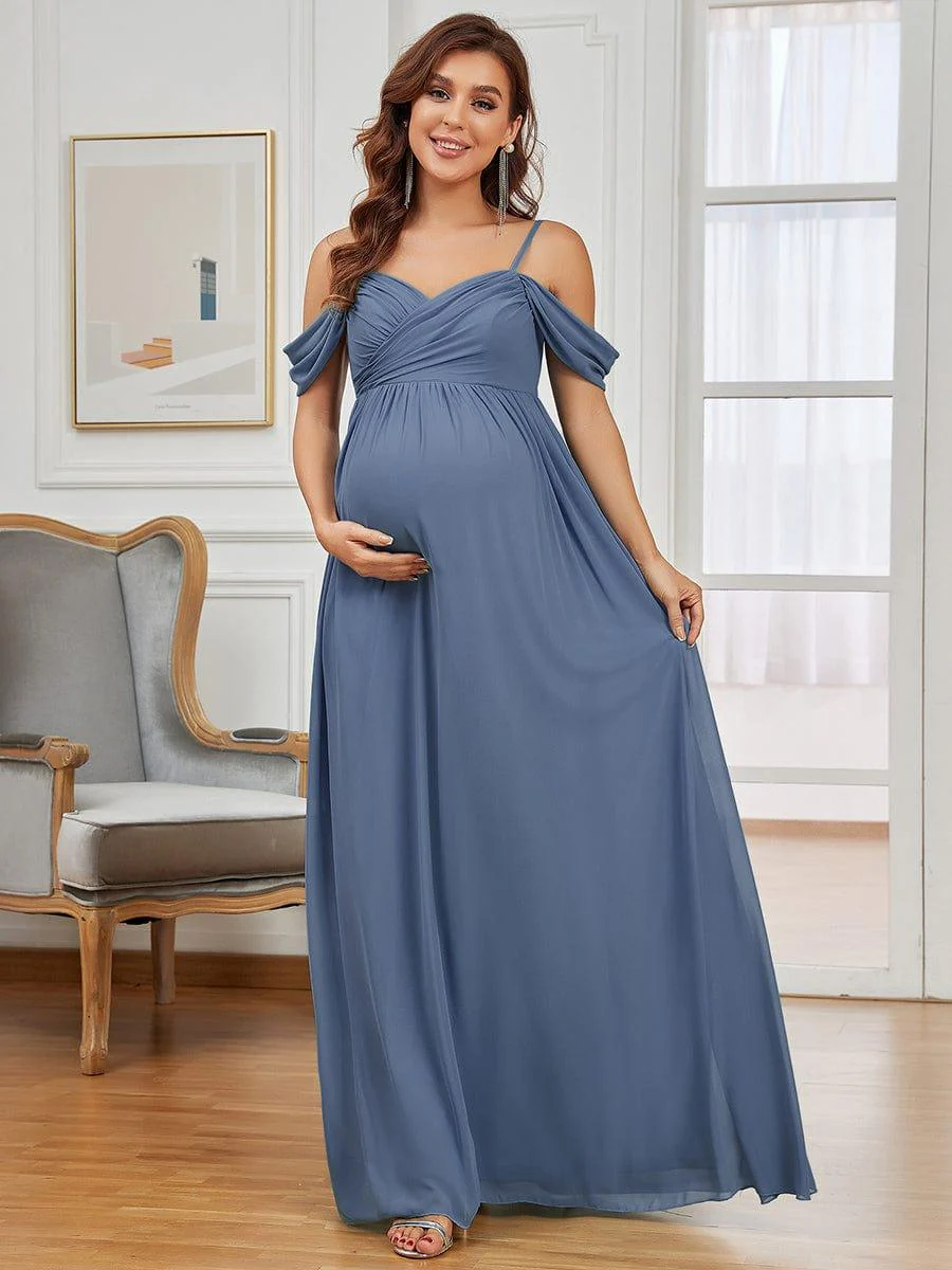 Off The Shoulder Spaghetti Straps Solid Maxi Maternity Dress - Image 19