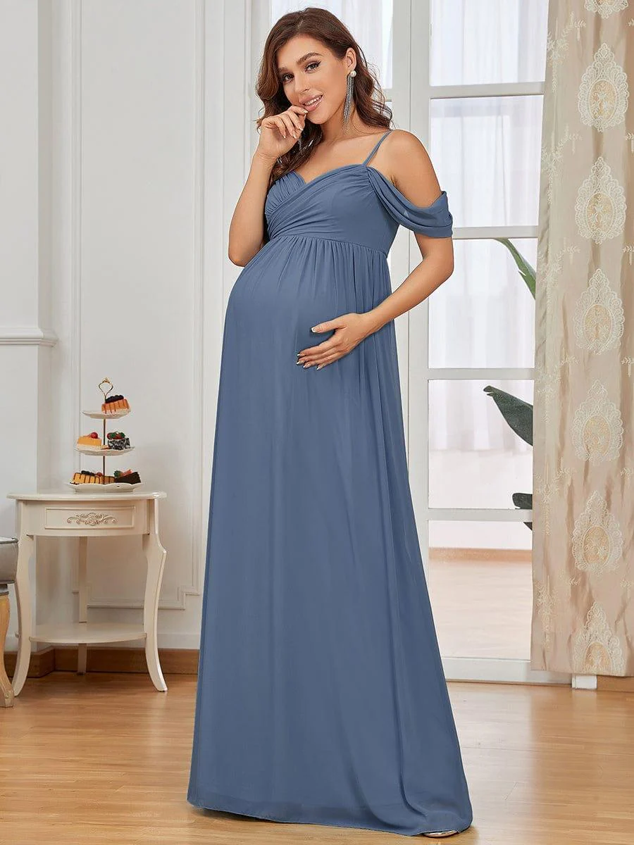Off The Shoulder Spaghetti Straps Solid Maxi Maternity Dress - Image 20