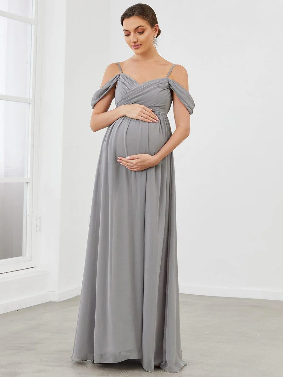 Off The Shoulder Spaghetti Straps Solid Maxi Maternity Dress - Image 21