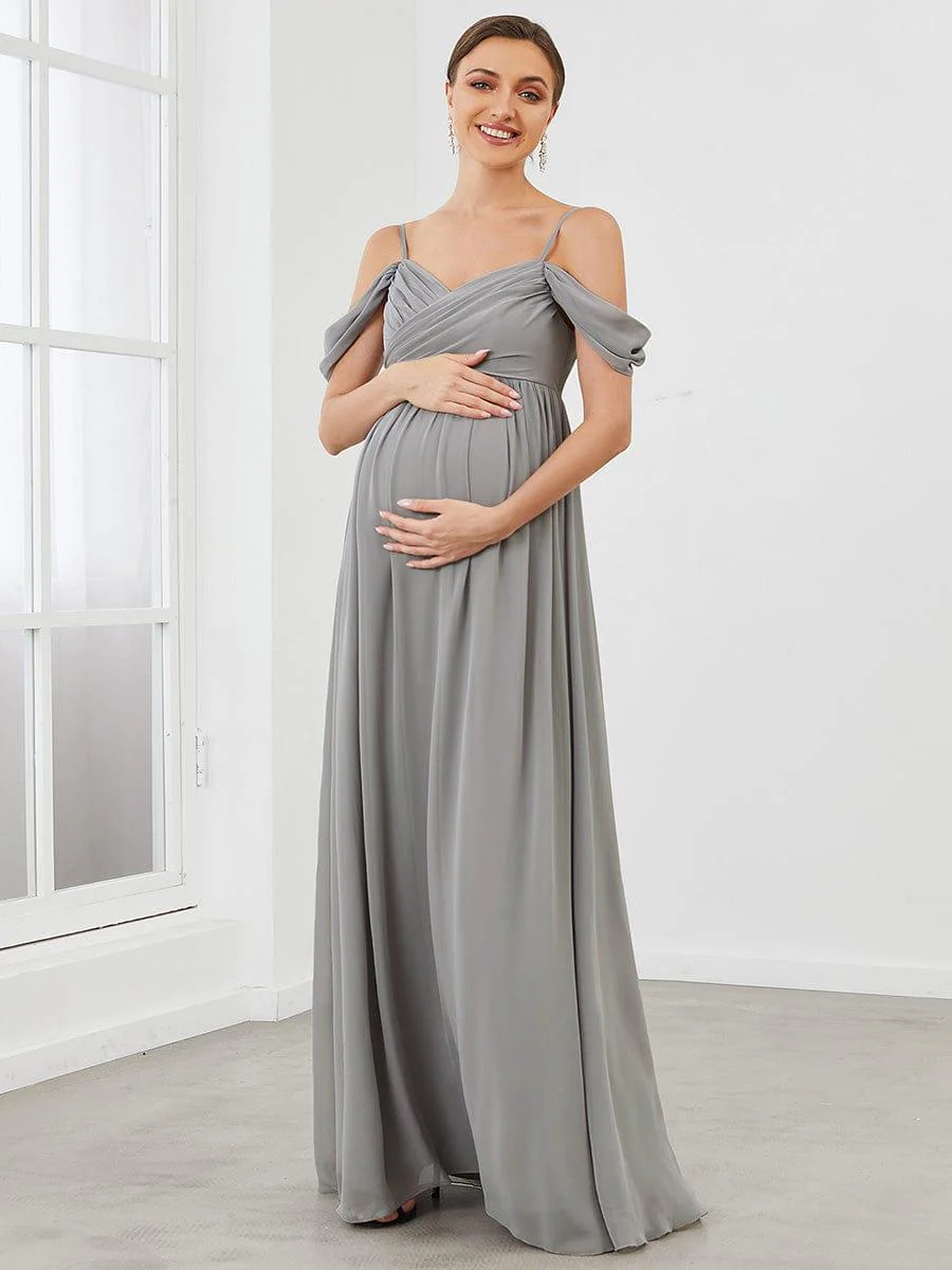 Off The Shoulder Spaghetti Straps Solid Maxi Maternity Dress - Image 24