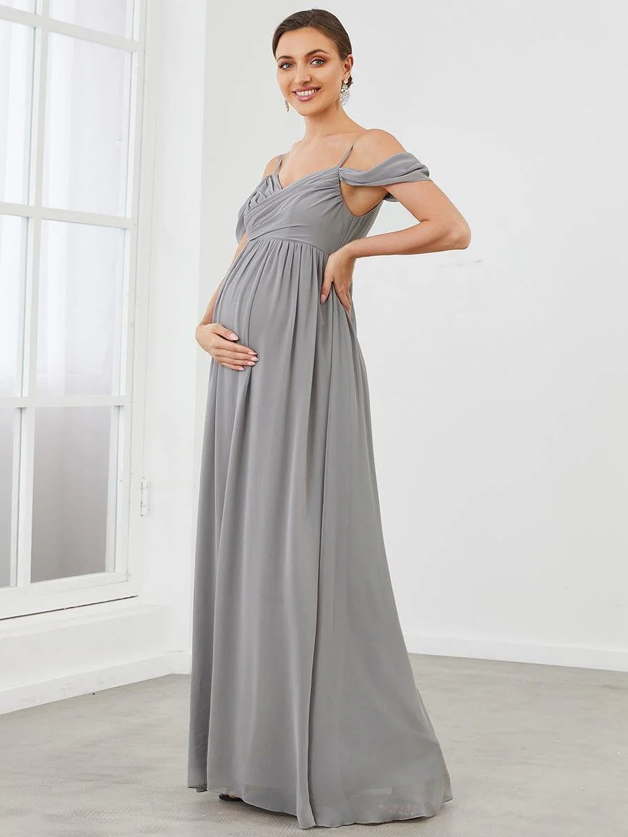 Off The Shoulder Spaghetti Straps Solid Maxi Maternity Dress - Image 25