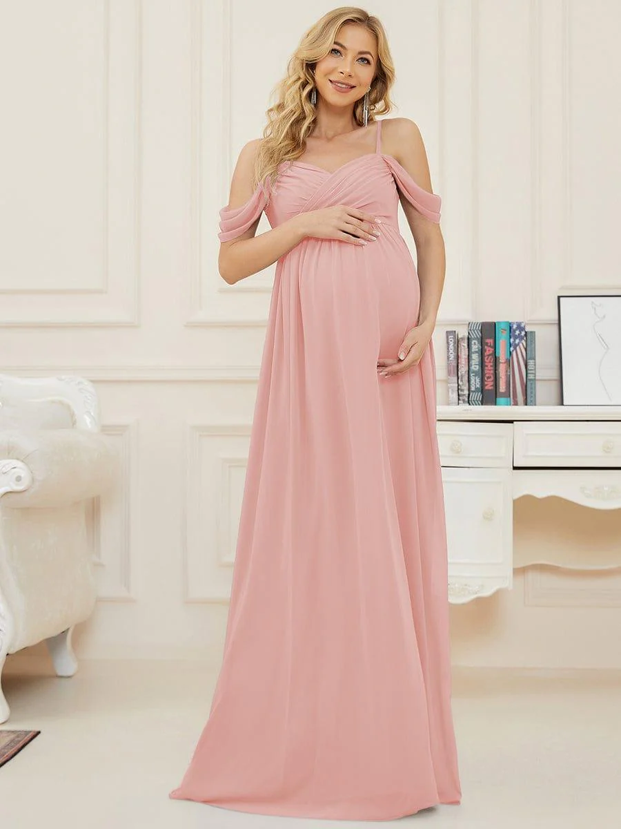 Off The Shoulder Spaghetti Straps Solid Maxi Maternity Dress - Image 28