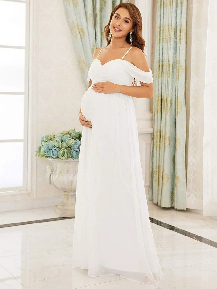 Off The Shoulder Spaghetti Straps Solid Maxi Maternity Dress - Image 4