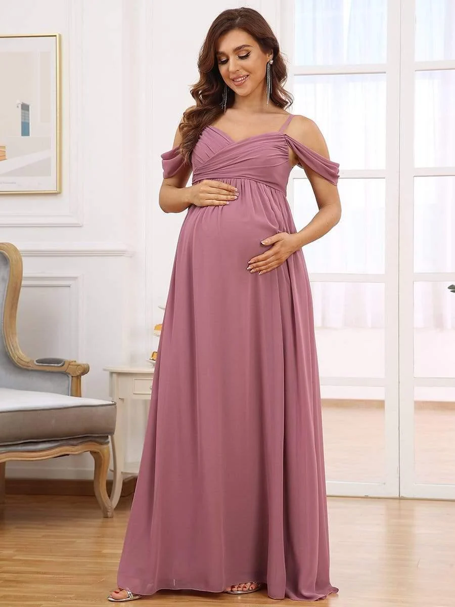 Off The Shoulder Spaghetti Straps Solid Maxi Maternity Dress - Image 8