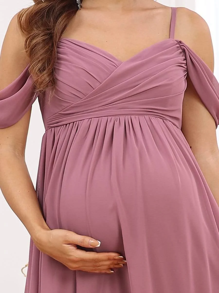 Off The Shoulder Spaghetti Straps Solid Maxi Maternity Dress - Image 9