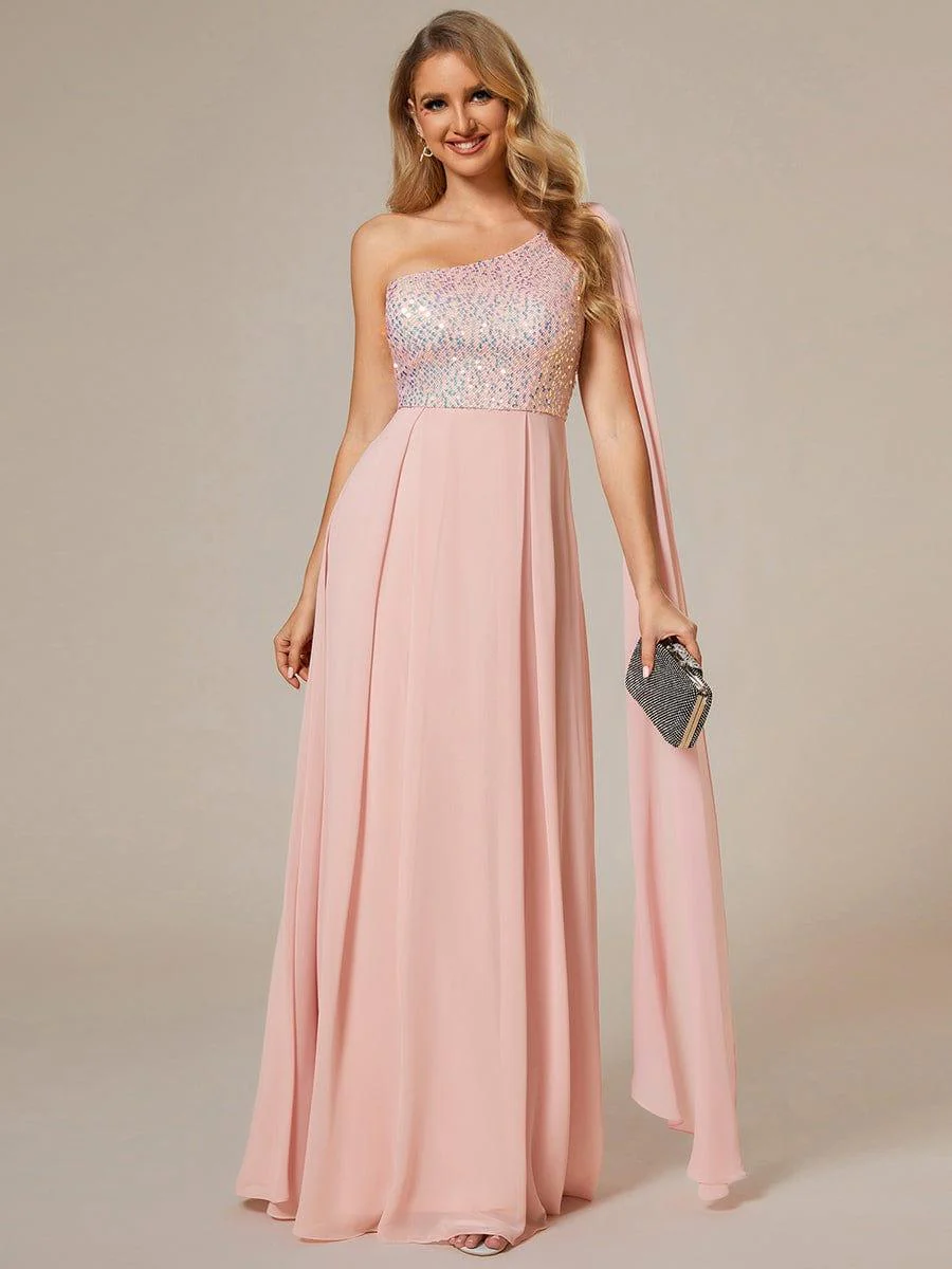 One-Shoulder Sequin Bodice Evening Dress with Flowy Chiffon - Image 10