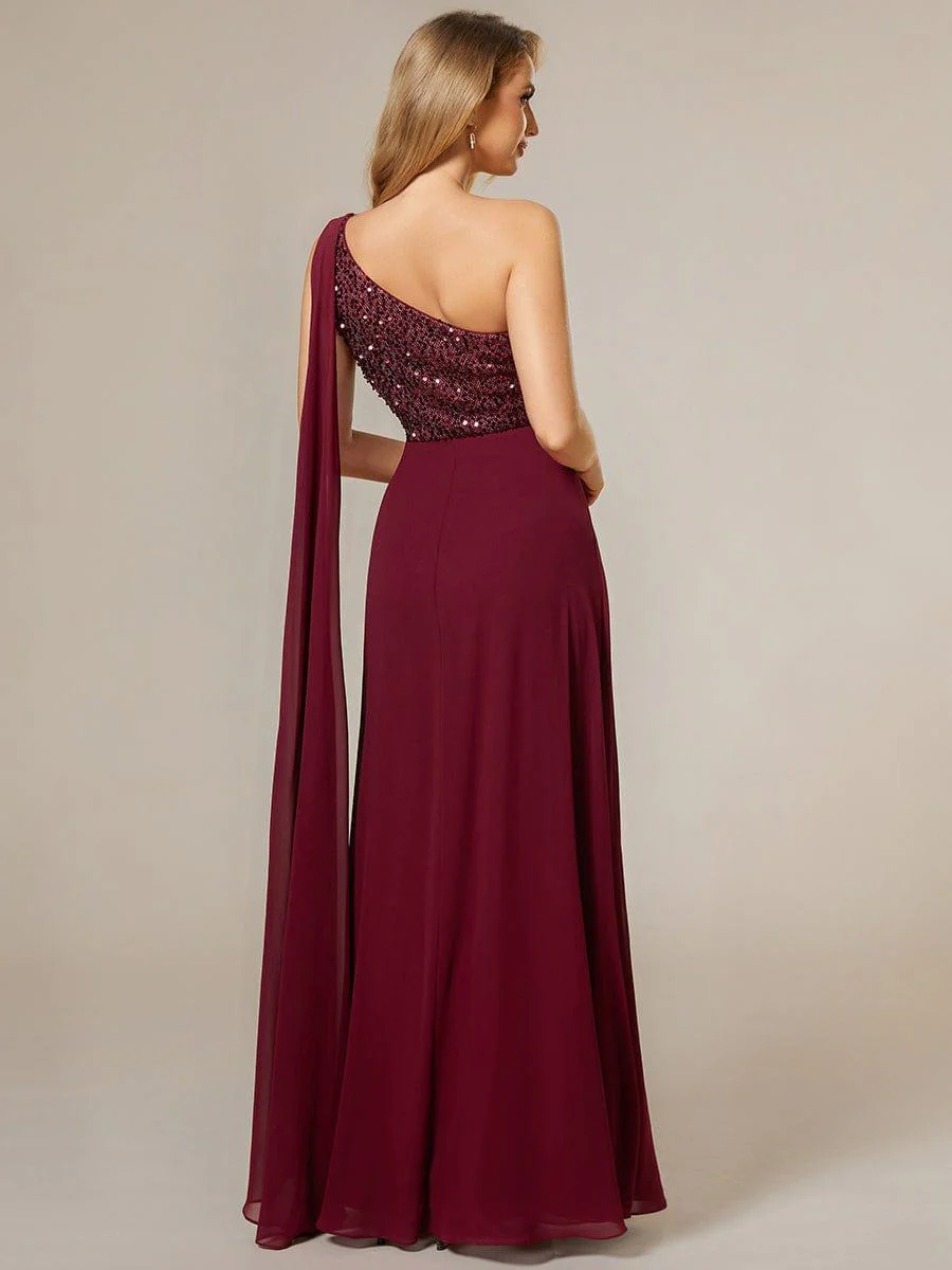 One-Shoulder Sequin Bodice Evening Dress with Flowy Chiffon - Image 3