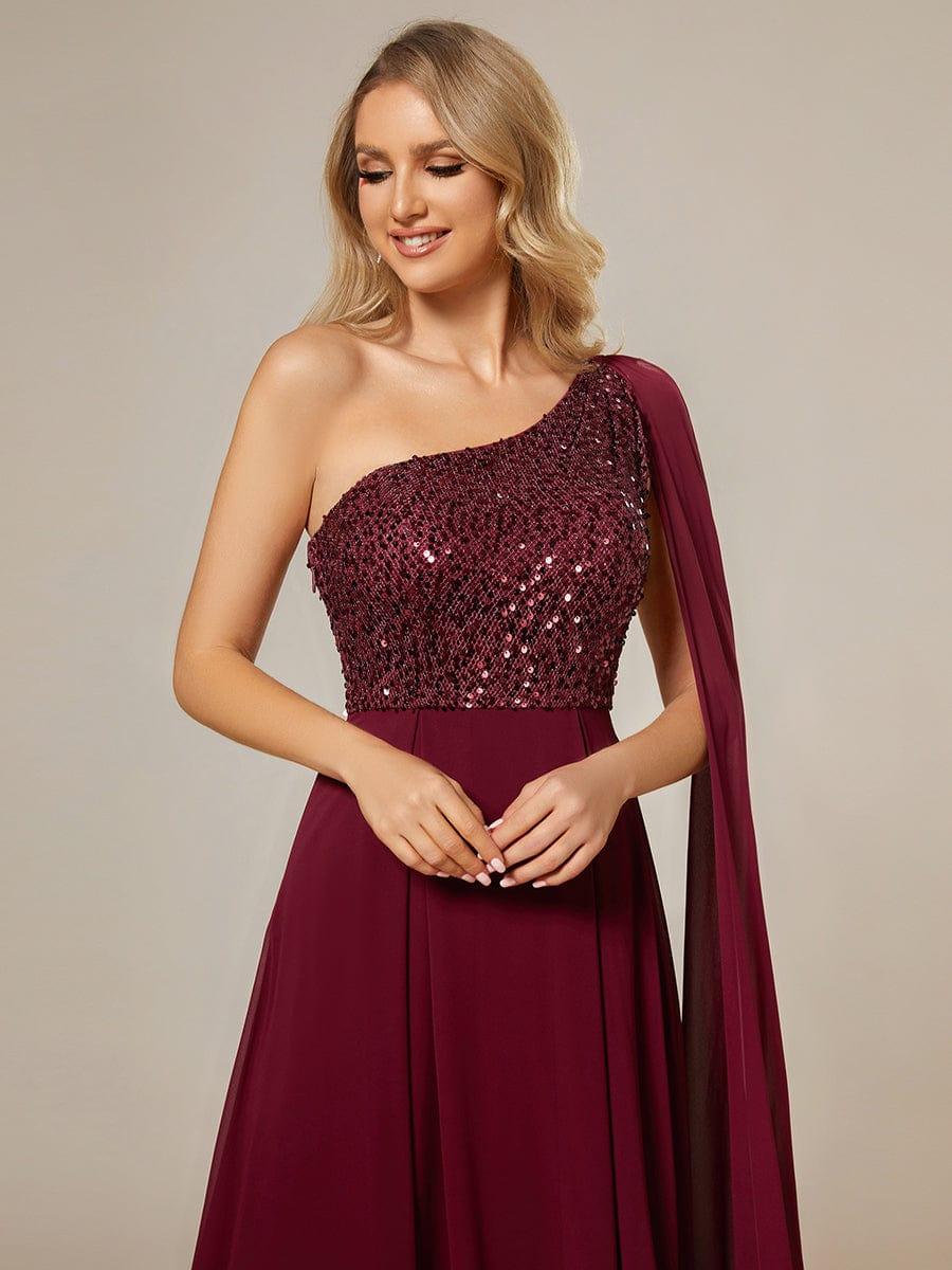 One-Shoulder Sequin Bodice Evening Dress with Flowy Chiffon - Image 4