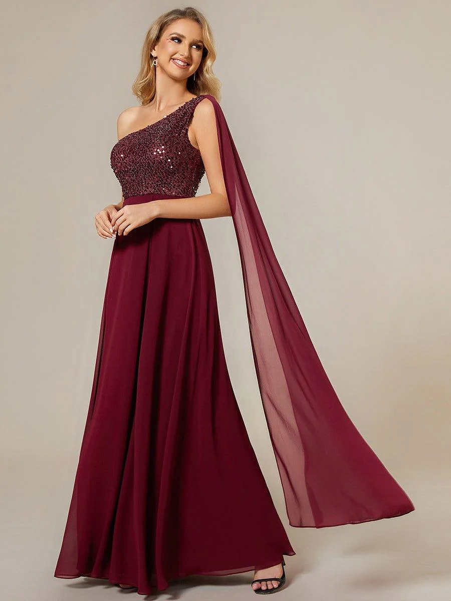 One-Shoulder Sequin Bodice Evening Dress with Flowy Chiffon - Image 5