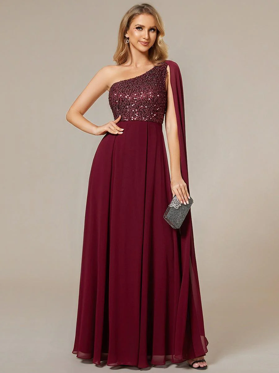 One-Shoulder Sequin Bodice Evening Dress with Flowy Chiffon - Image 6