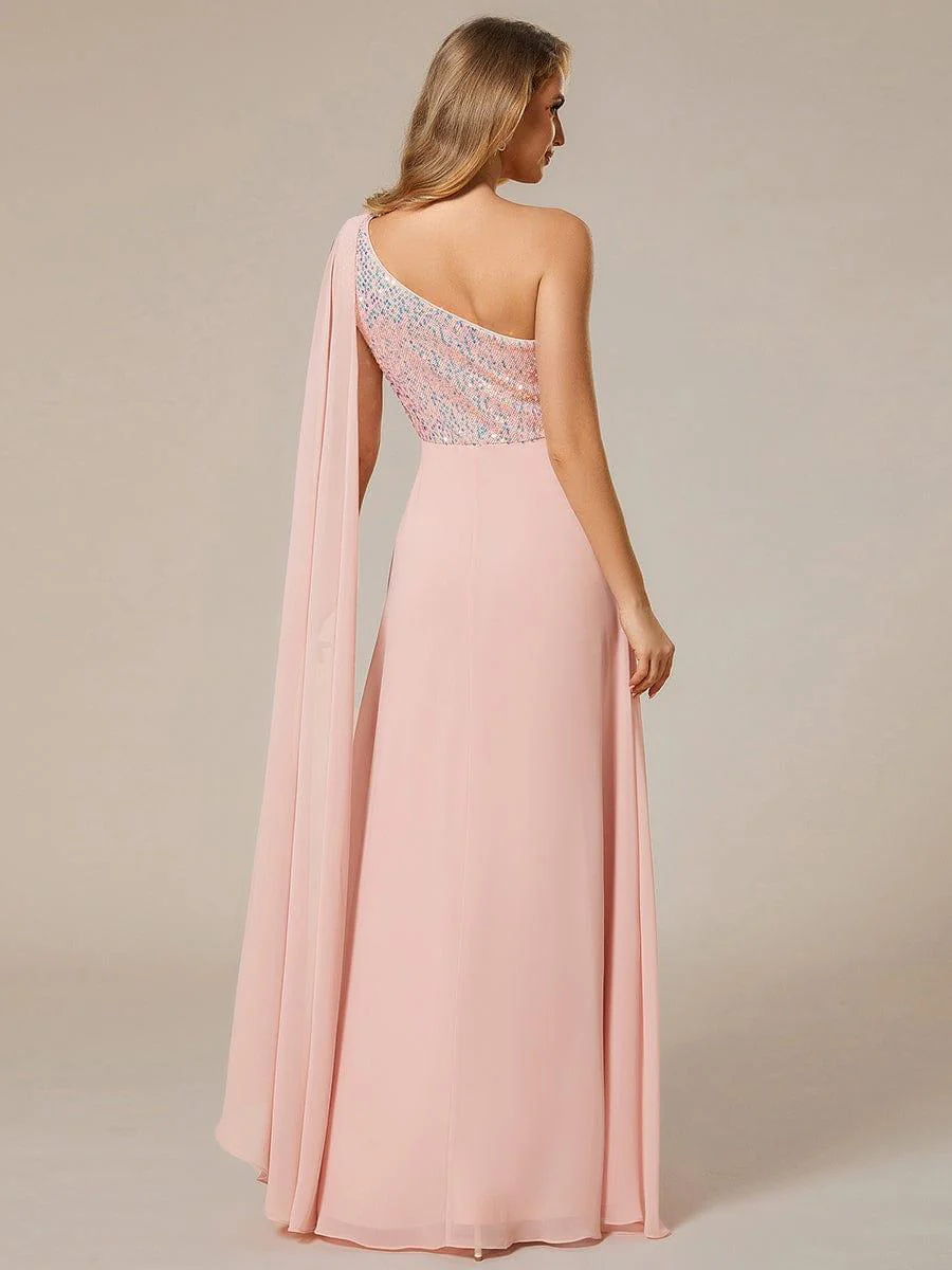 One-Shoulder Sequin Bodice Evening Dress with Flowy Chiffon - Image 7