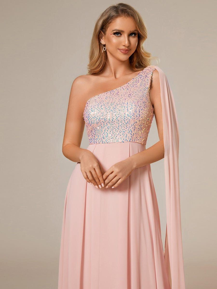 One-Shoulder Sequin Bodice Evening Dress with Flowy Chiffon - Image 8