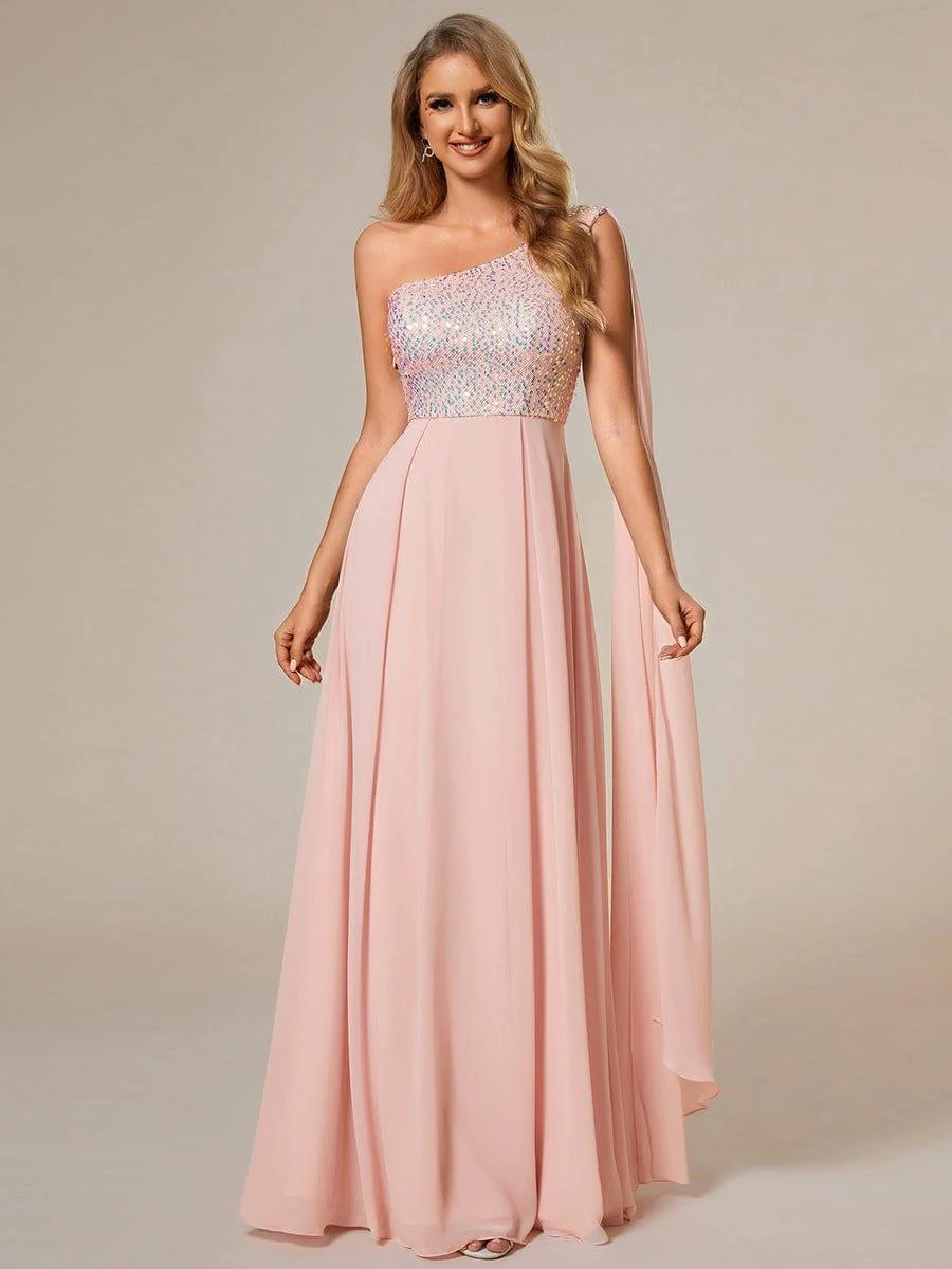 One-Shoulder Sequin Bodice Evening Dress with Flowy Chiffon - Image 9