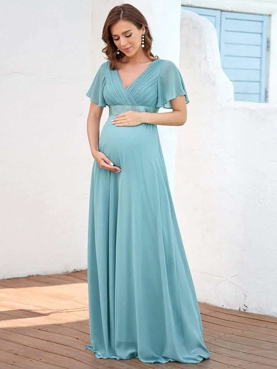 Pleated Bodice Ruffle Sleeves V Neck Floor Length Maternity Dress - Image 12