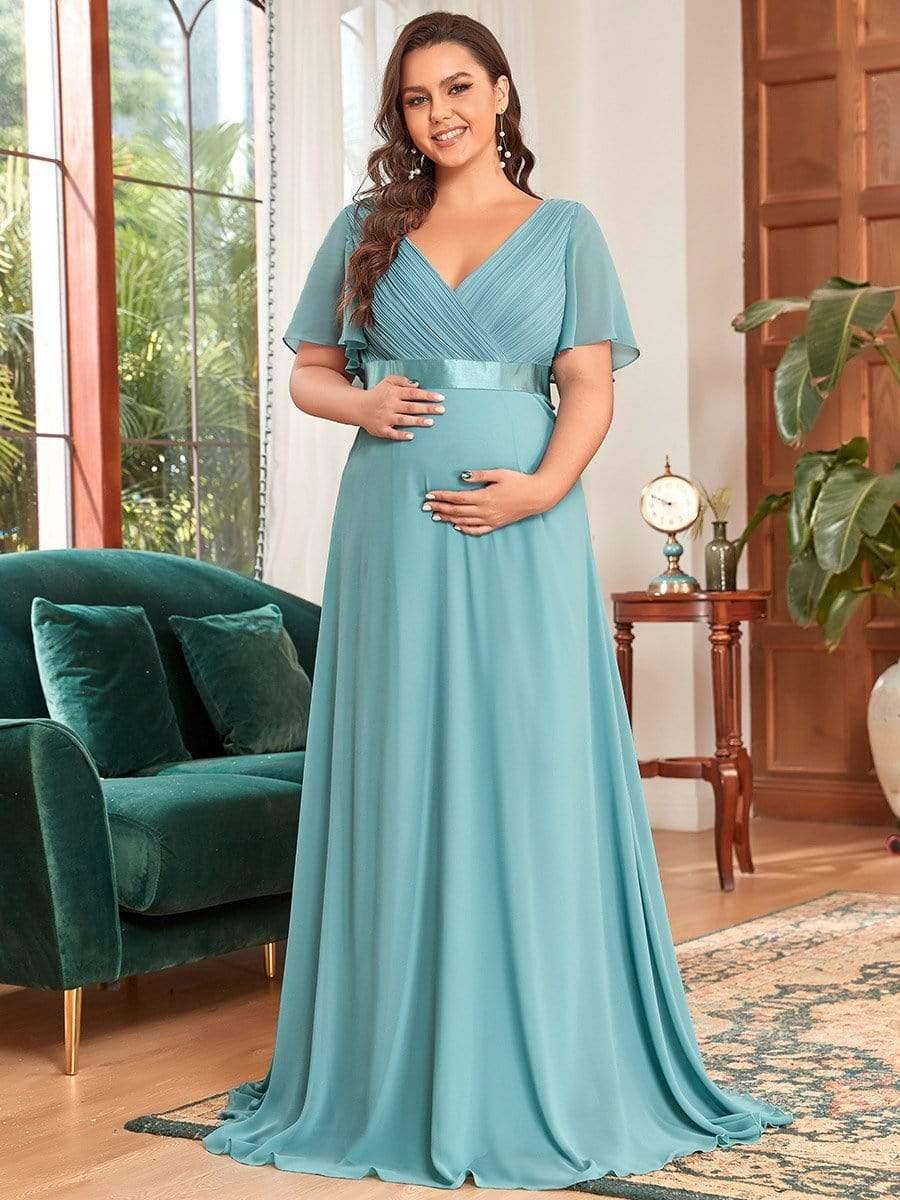Pleated Bodice Ruffle Sleeves V Neck Floor Length Maternity Dress - Image 13
