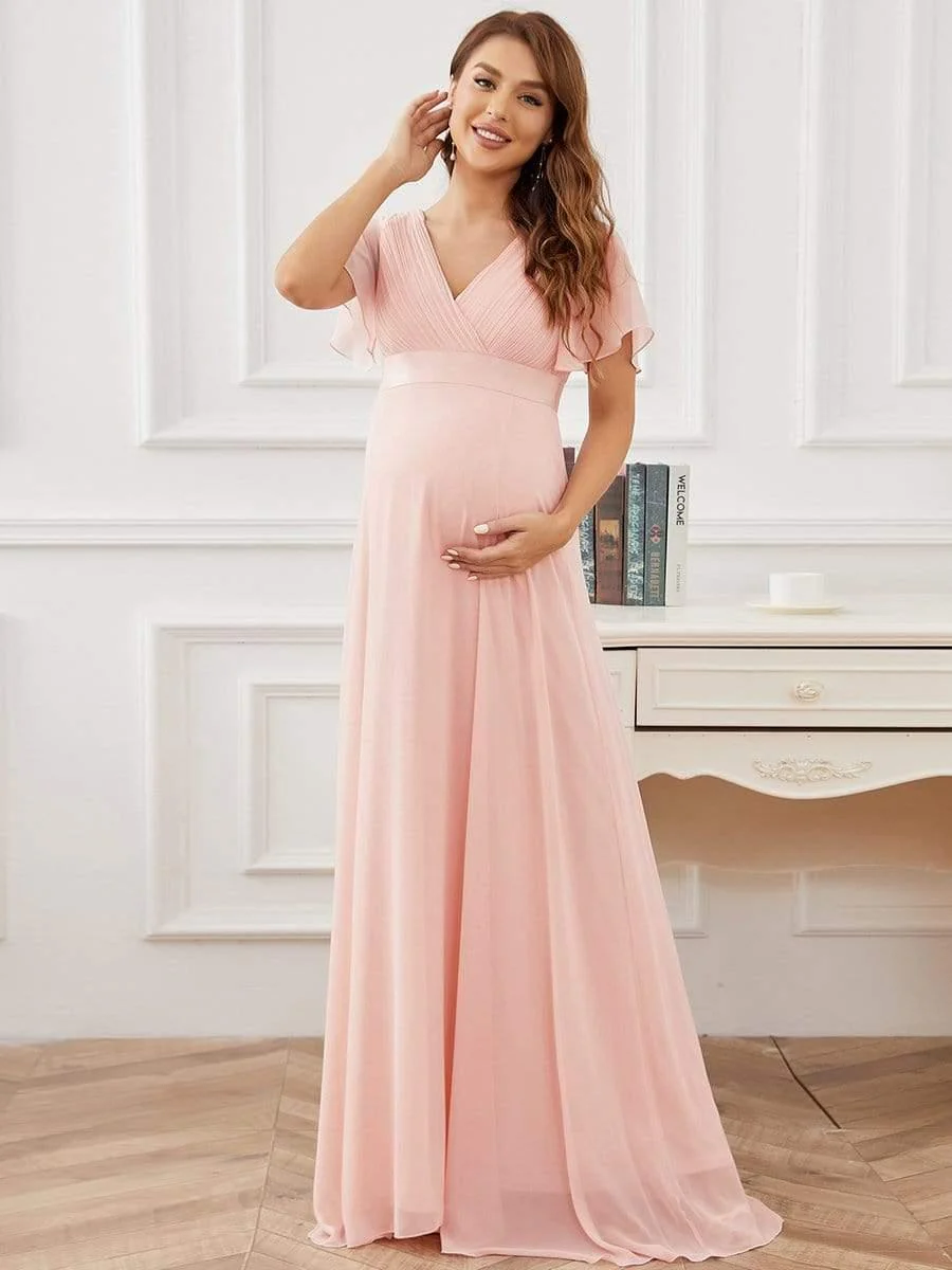 Pleated Bodice Ruffle Sleeves V Neck Floor Length Maternity Dress - Image 16