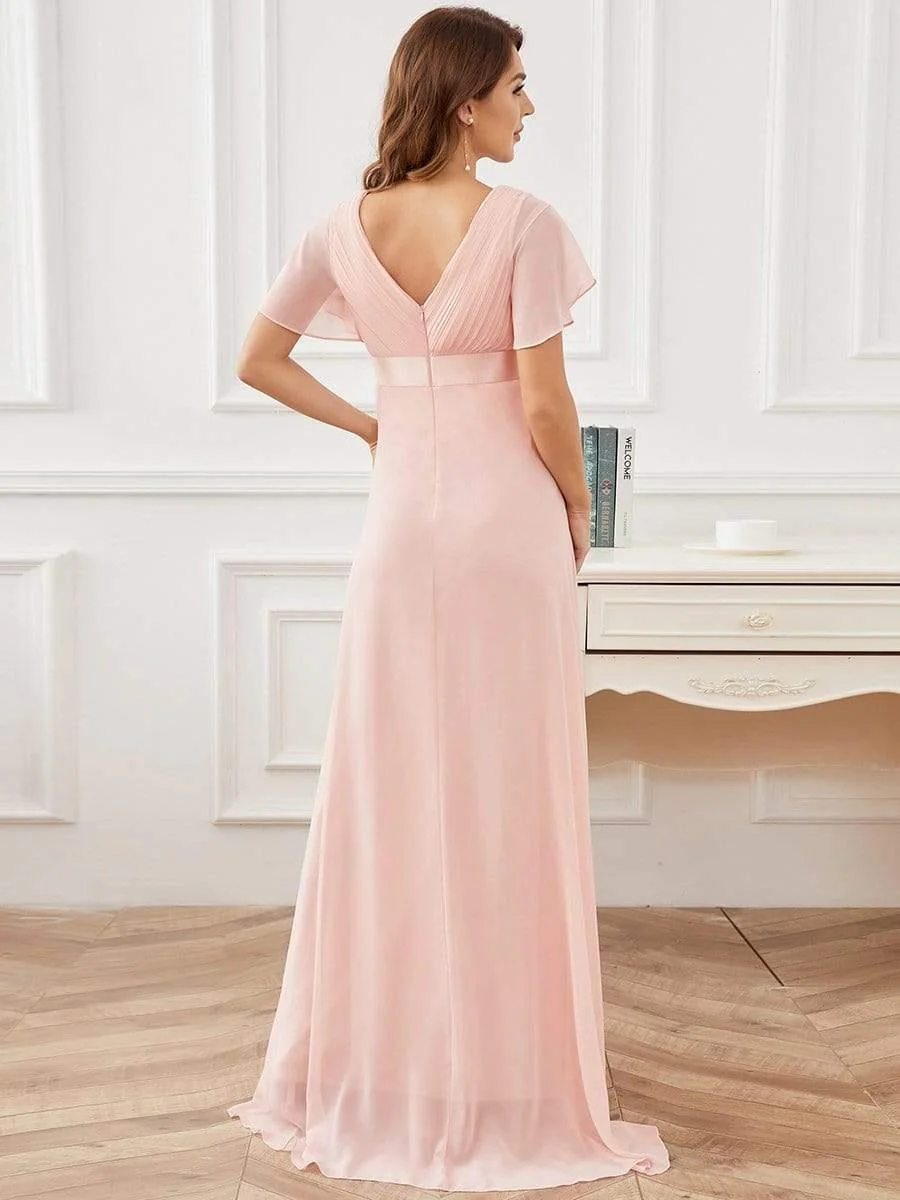 Pleated Bodice Ruffle Sleeves V Neck Floor Length Maternity Dress - Image 17