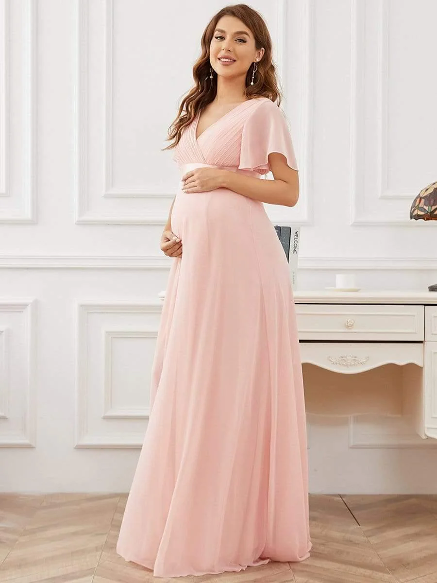 Pleated Bodice Ruffle Sleeves V Neck Floor Length Maternity Dress - Image 18