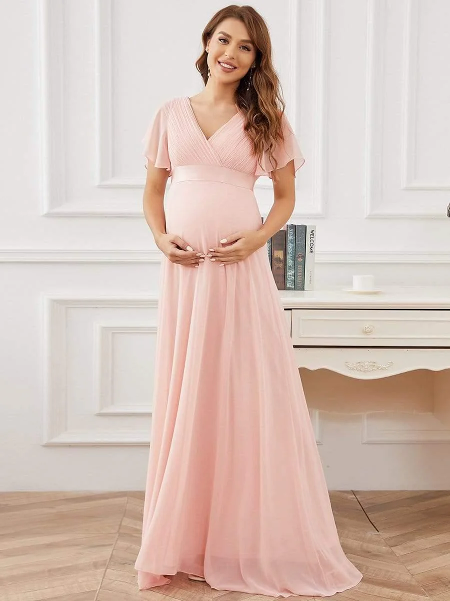 Pleated Bodice Ruffle Sleeves V Neck Floor Length Maternity Dress - Image 19