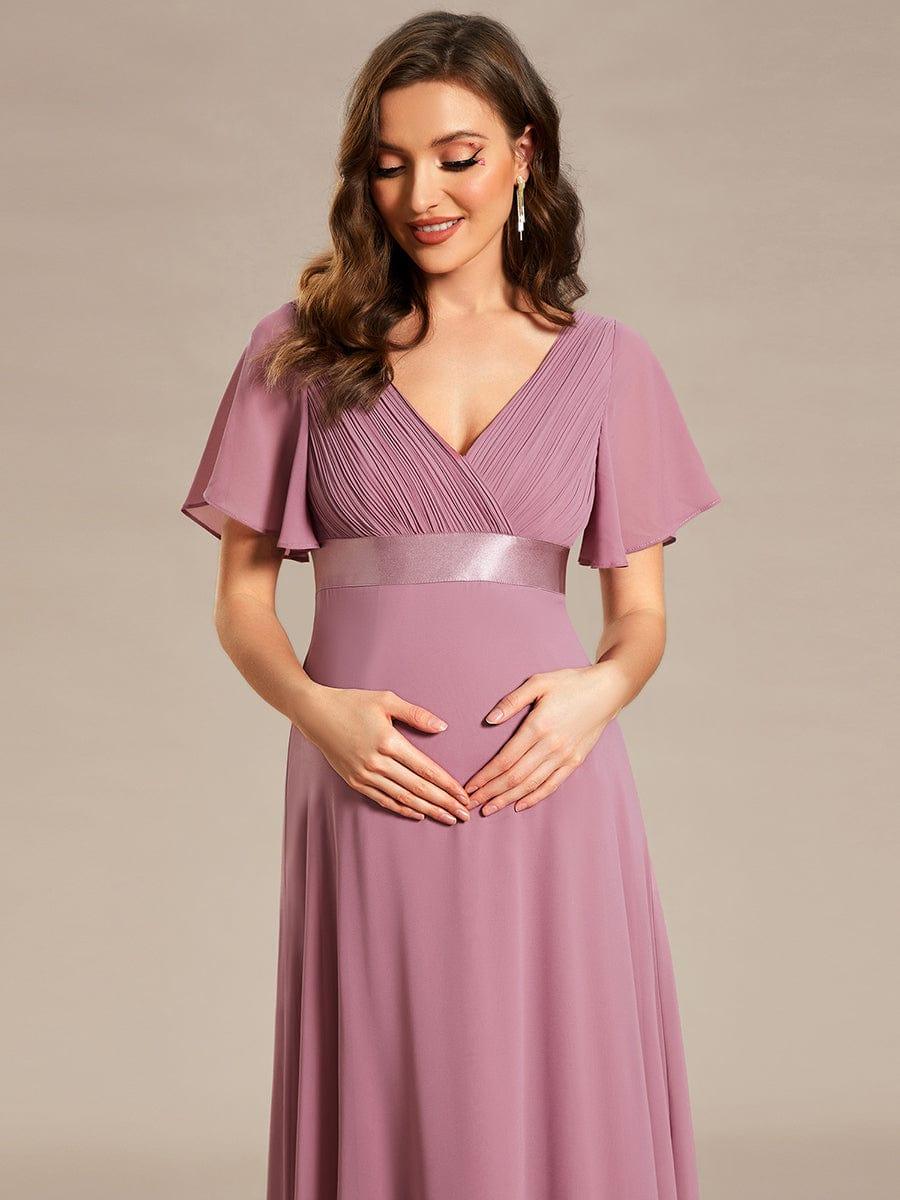 Pleated Bodice Ruffle Sleeves V Neck Floor Length Maternity Dress - Image 3