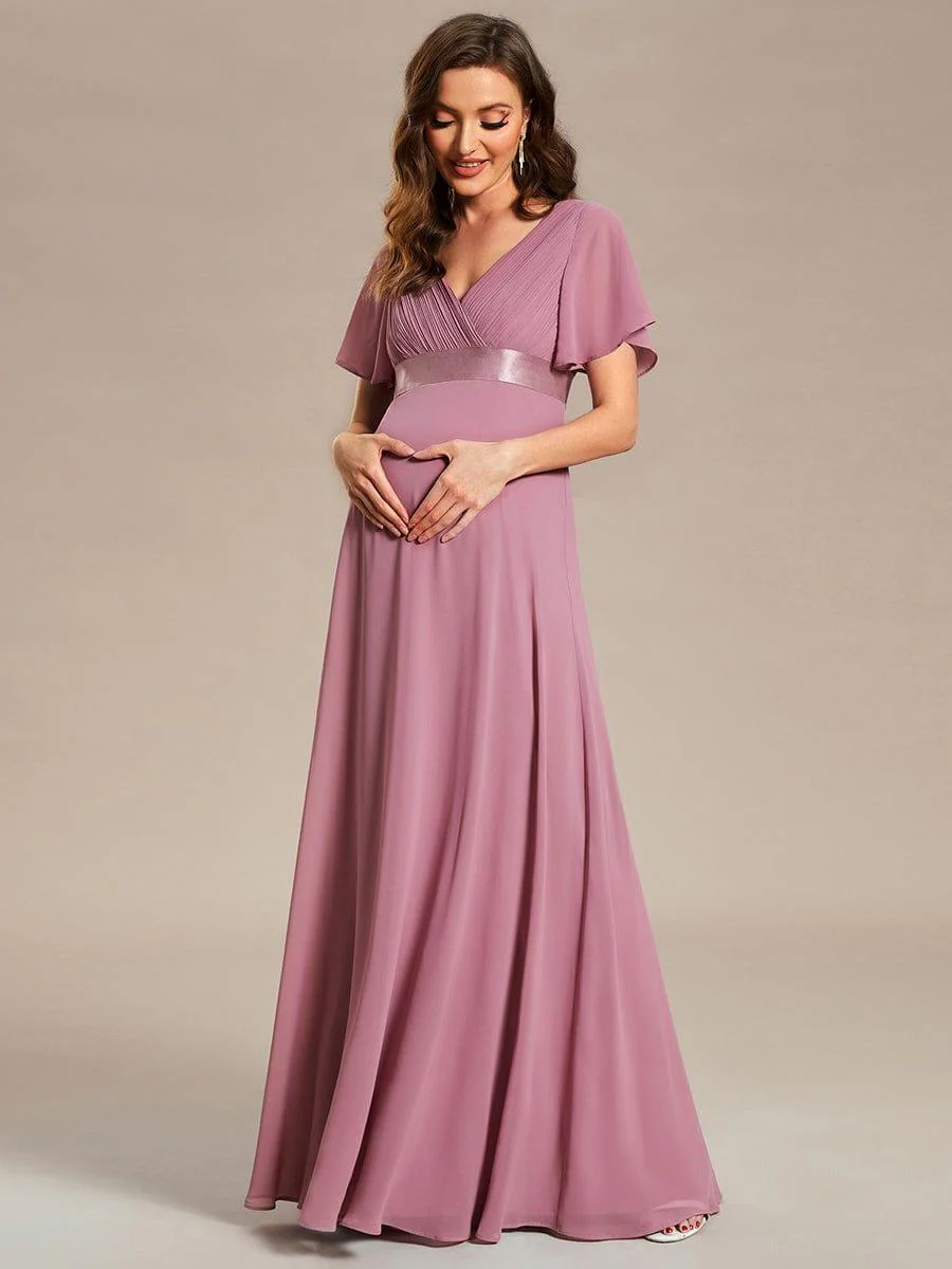 Pleated Bodice Ruffle Sleeves V Neck Floor Length Maternity Dress - Image 4