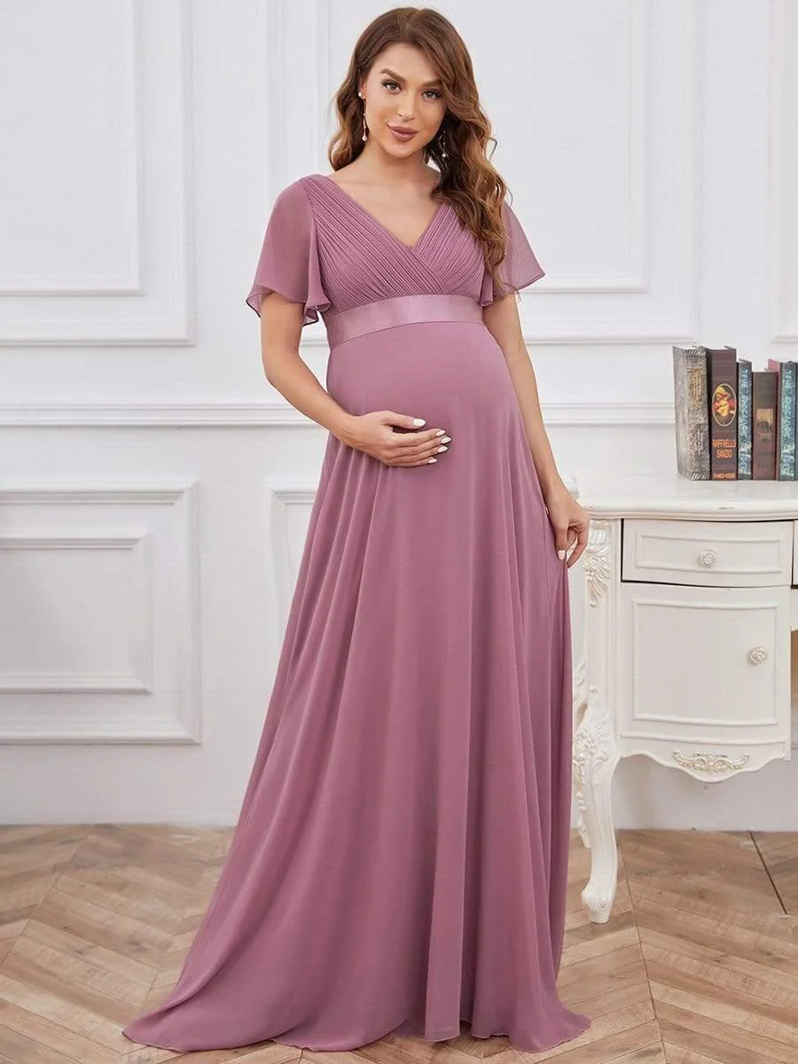 Pleated Bodice Ruffle Sleeves V Neck Floor Length Maternity Dress - Image 5