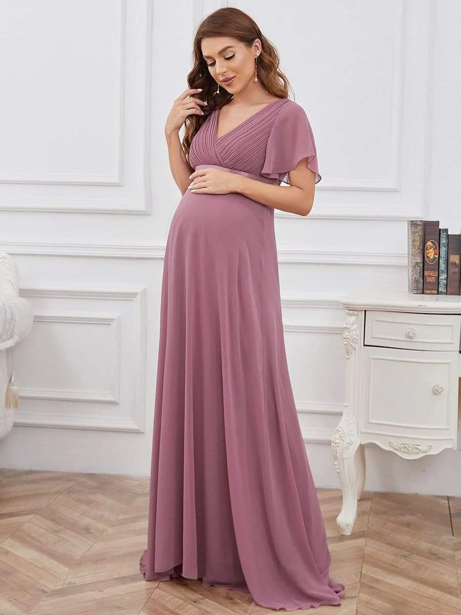 Pleated Bodice Ruffle Sleeves V Neck Floor Length Maternity Dress - Image 6