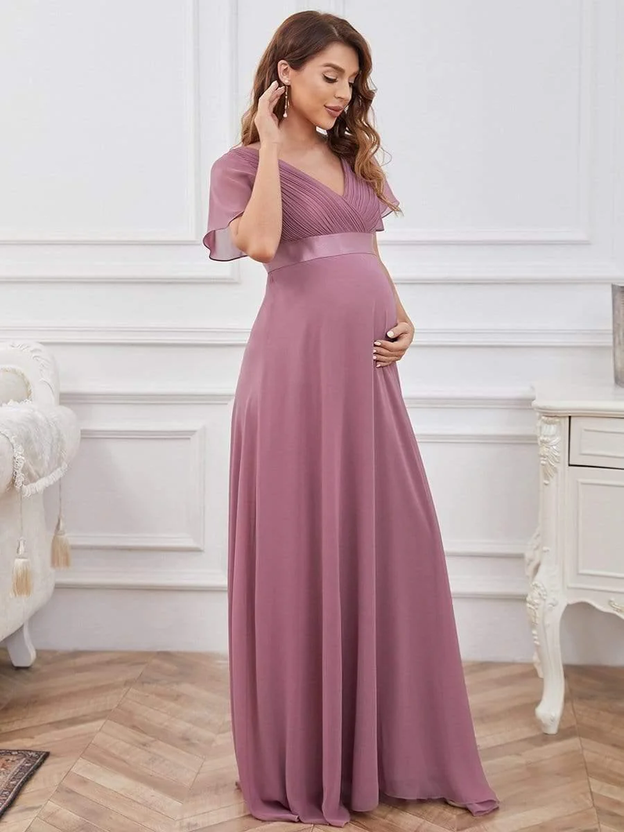 Pleated Bodice Ruffle Sleeves V Neck Floor Length Maternity Dress - Image 7