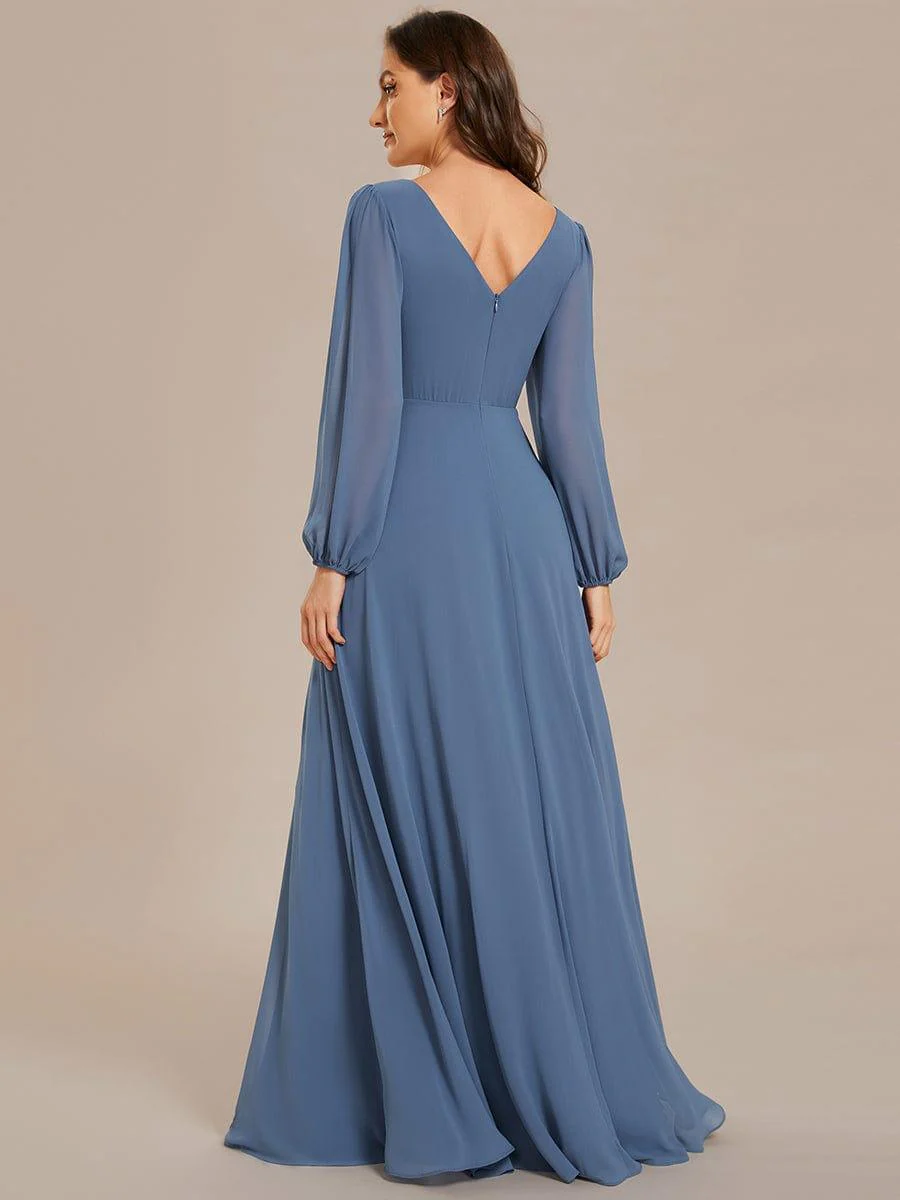 ever ESMÉE|Pleated Double V-Neck Long Sleeves Shiny Belt Chiffon Evening Dress - Image 11