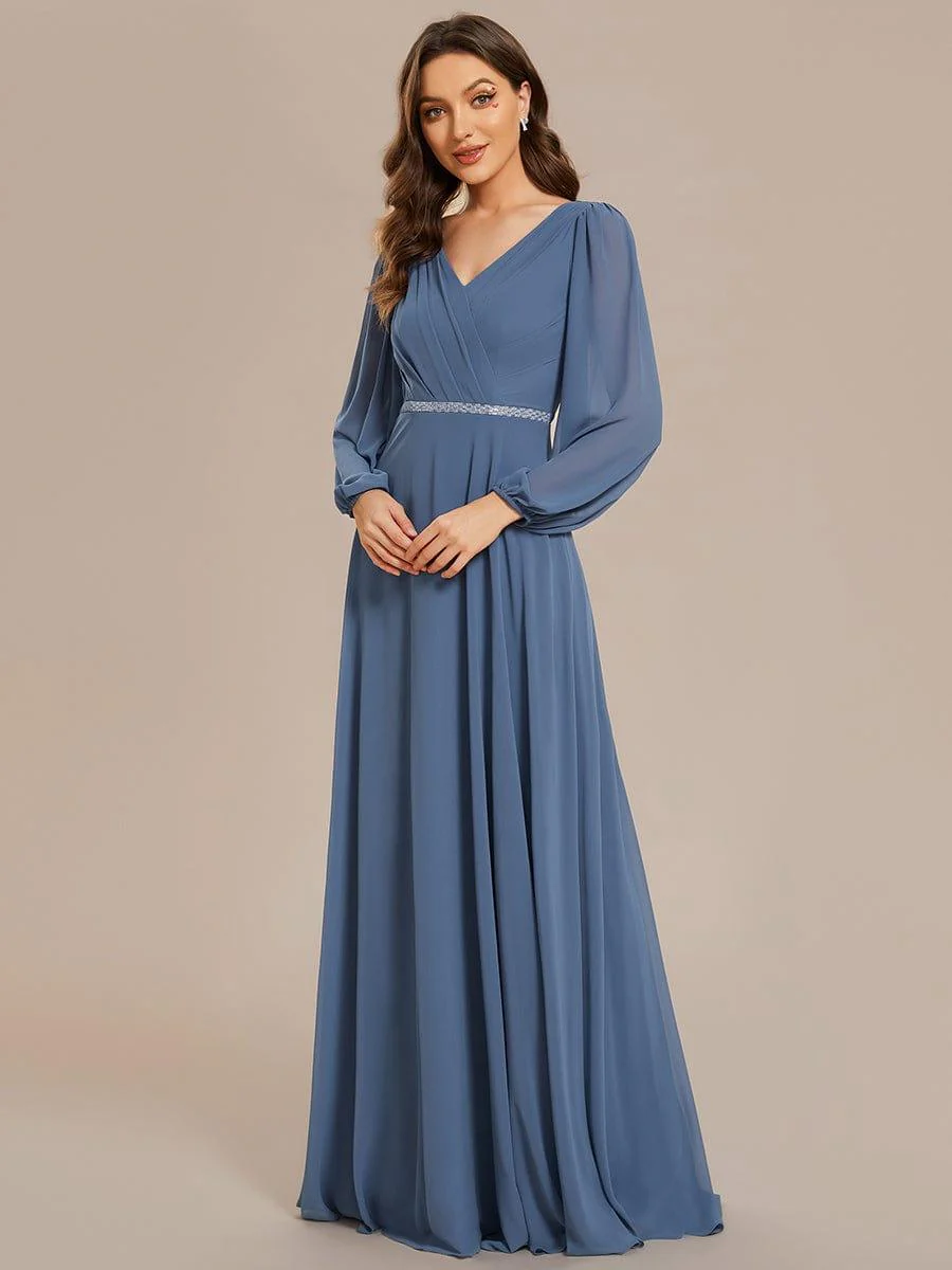 ever ESMÉE|Pleated Double V-Neck Long Sleeves Shiny Belt Chiffon Evening Dress - Image 13