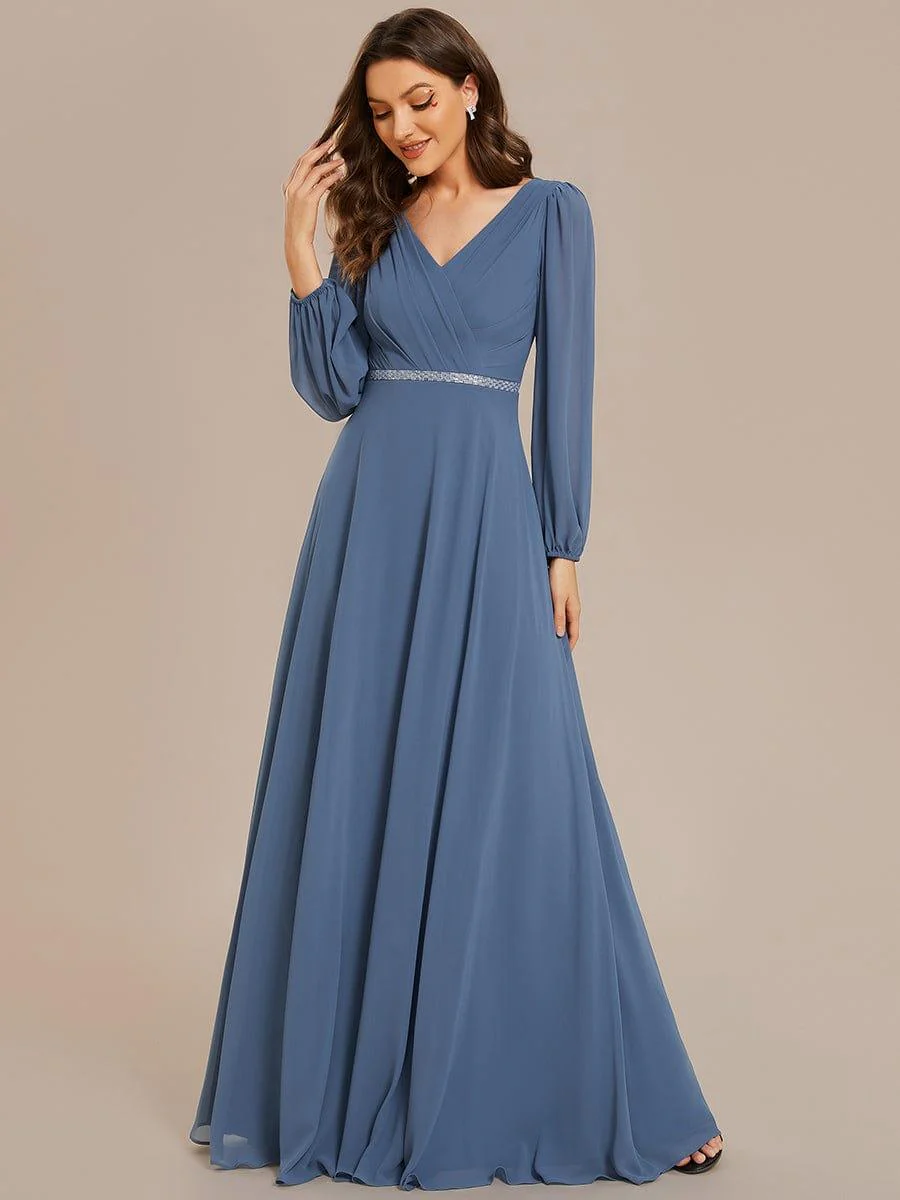 ever ESMÉE|Pleated Double V-Neck Long Sleeves Shiny Belt Chiffon Evening Dress - Image 14