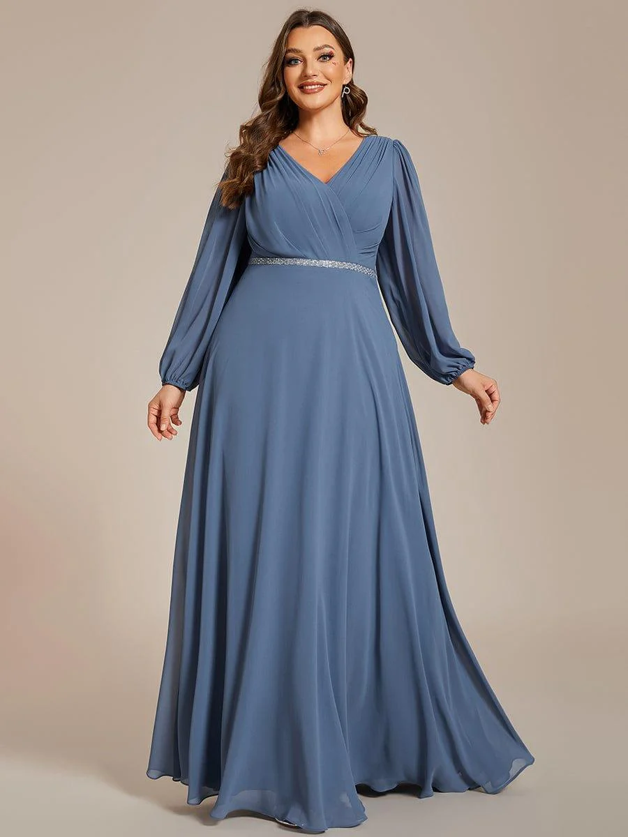 ever ESMÉE|Pleated Double V-Neck Long Sleeves Shiny Belt Chiffon Evening Dress - Image 15