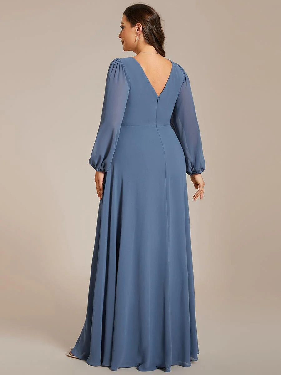 ever ESMÉE|Pleated Double V-Neck Long Sleeves Shiny Belt Chiffon Evening Dress - Image 16