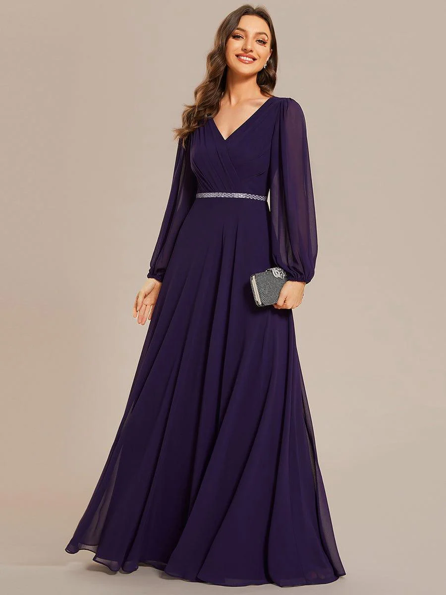 ever ESMÉE|Pleated Double V-Neck Long Sleeves Shiny Belt Chiffon Evening Dress - Image 18