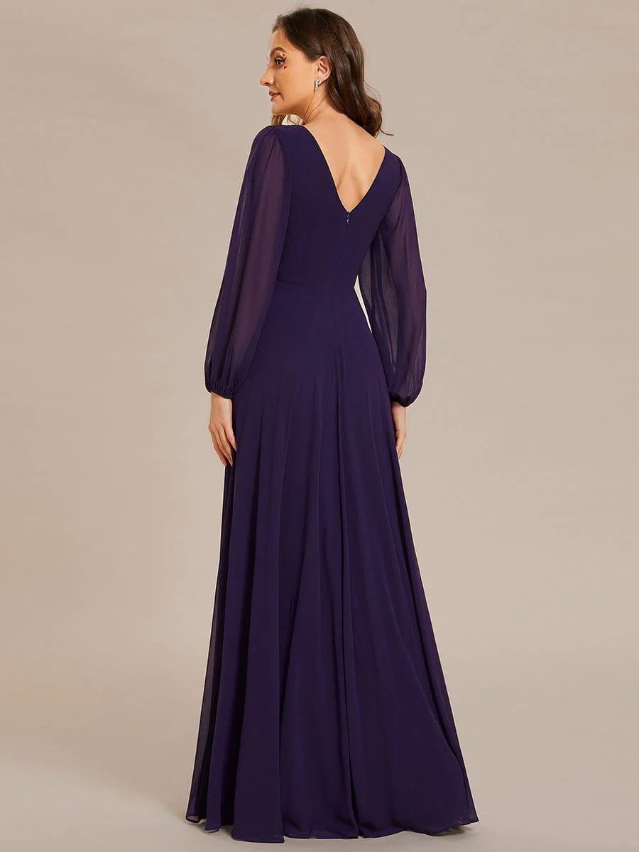 ever ESMÉE|Pleated Double V-Neck Long Sleeves Shiny Belt Chiffon Evening Dress - Image 19