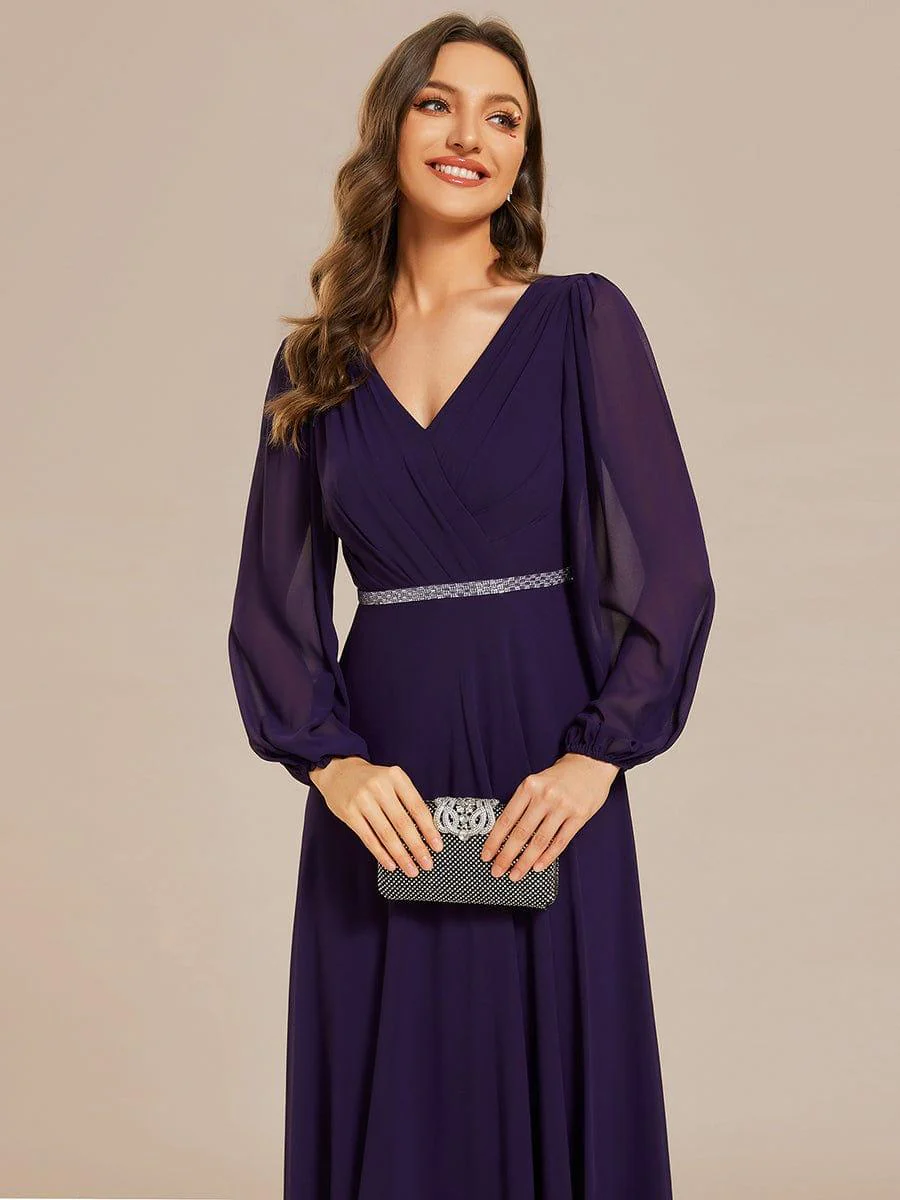 ever ESMÉE|Pleated Double V-Neck Long Sleeves Shiny Belt Chiffon Evening Dress - Image 20