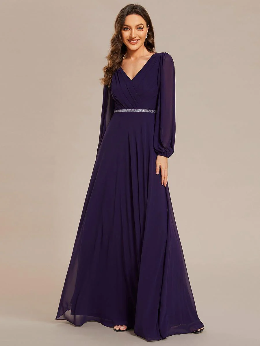 ever ESMÉE|Pleated Double V-Neck Long Sleeves Shiny Belt Chiffon Evening Dress - Image 21