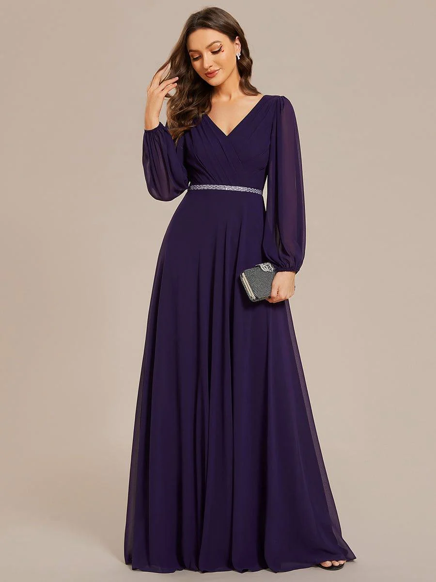 ever ESMÉE|Pleated Double V-Neck Long Sleeves Shiny Belt Chiffon Evening Dress - Image 22