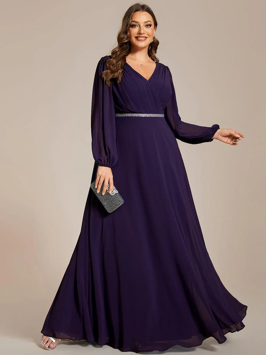 ever ESMÉE|Pleated Double V-Neck Long Sleeves Shiny Belt Chiffon Evening Dress - Image 23